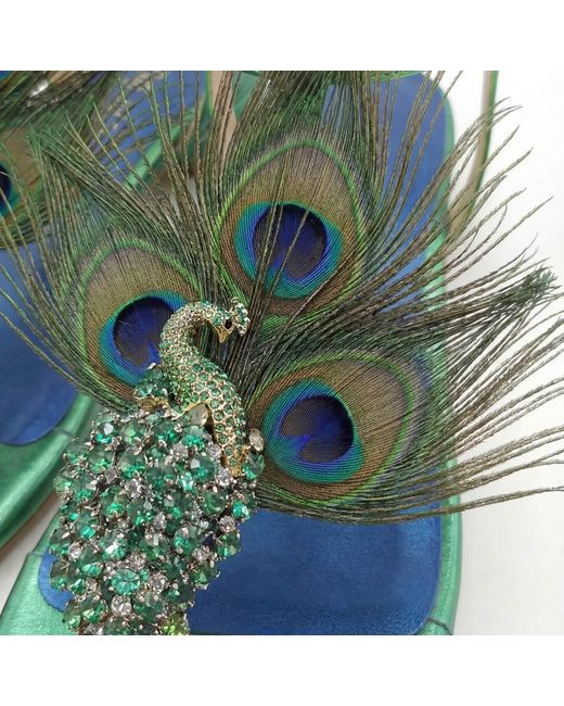 Sibylla Delphica Green Argus & Hera -Peacock Feathers Jeweled Leather Sandals
