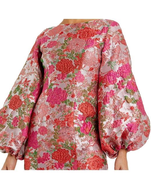 Mac Duggal Red Brocade Balloon Sleeve Fitted Mini Dress