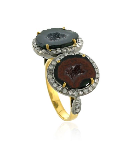 Artisan Brown Natural Geode & Pave Diamond In 18k Gold With 925 Silver Designer Cocktail Ring