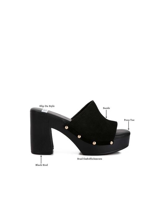 Rag & Co Black Cartera Soft Suede High Block Heel Clogs