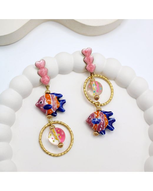 Midnight Foxes Studio White Pink, Blue & Orange Fish Earrings