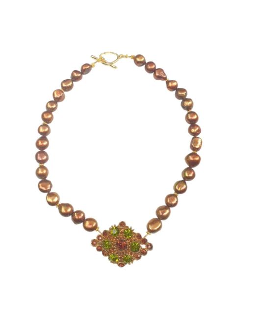 Way to Chic Metallic Elegant Bronze Pearl Necklace With Vintage Crystal Brooch Pendant