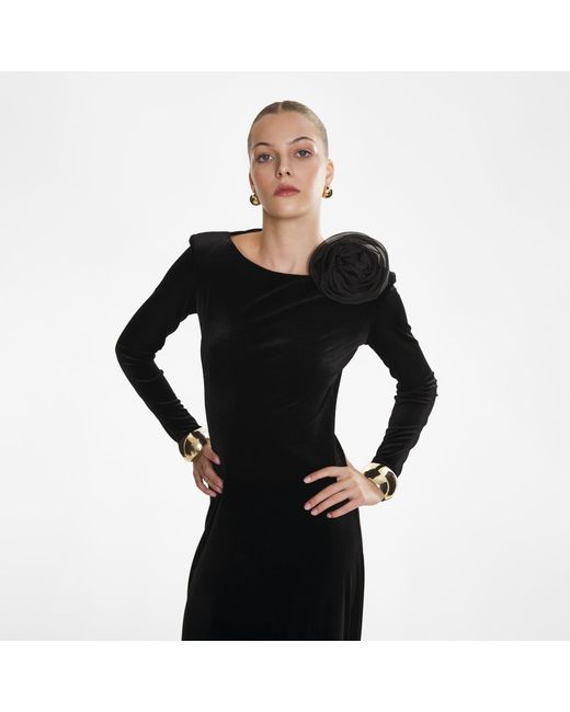 Lita Couture Black Velvet Flower Appliqué Dress