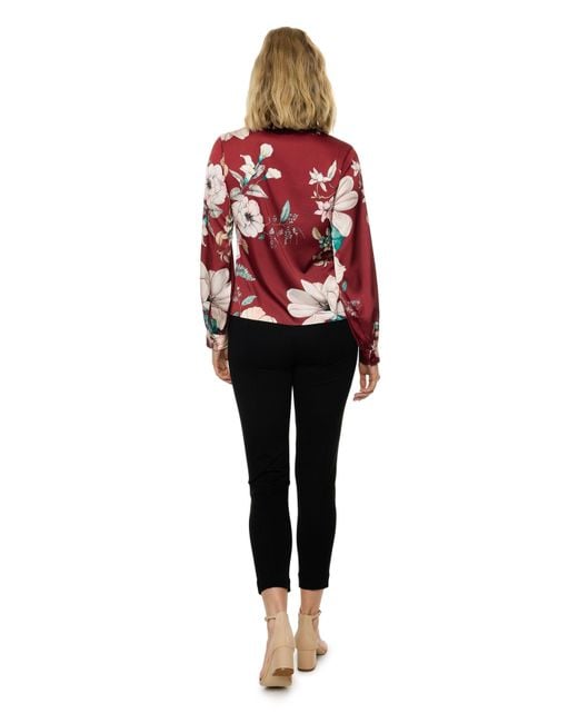 Carloslines Red V-Neck Pleat Detail Balloon Long Sleeve Blouse