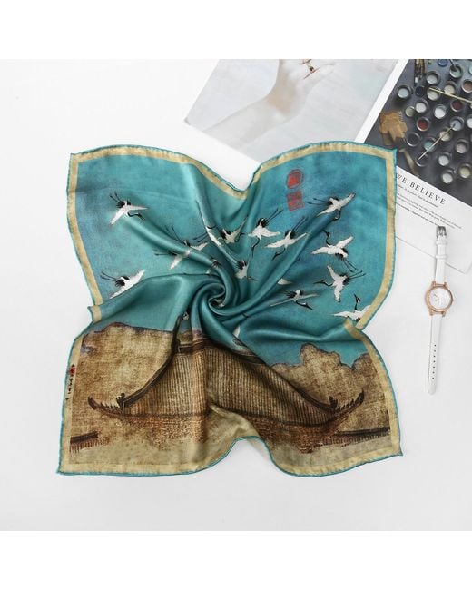 Soft Strokes Silk Blue Pure Silk Scarf Ink & Colour By Zhao Ji Auspicious Crane Small