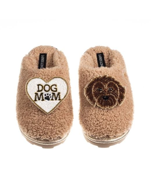 Laines London Metallic Neutrals Teddy Closed Toe Slippers With Dog Mum Mom & Chocolate Cockapoo Brooches