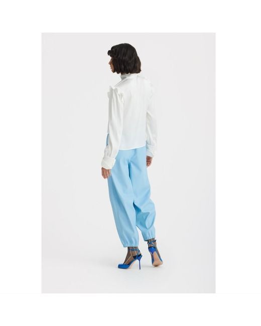 Julia Allert White Neutrals Designer Satin Blouse With Bishop Sleeves And Stand Collar –