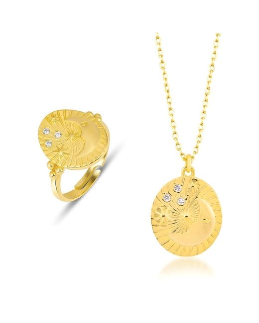 Spero London Metallic Moon Face Embossed Silhouette Sterling Set Medal Necklace & Ring