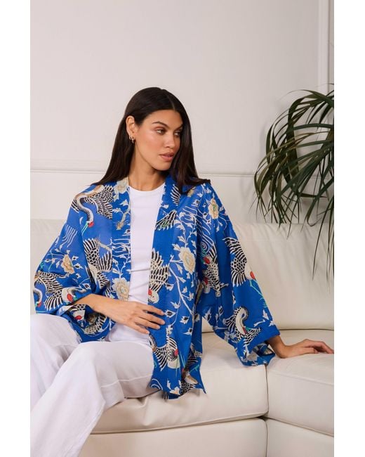Artemis Muse Blue Electric Dynastic Bird Print Light Weight Kimono