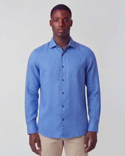 Lords of Harlech Blue Lionel Linen Button Down Shirt for men