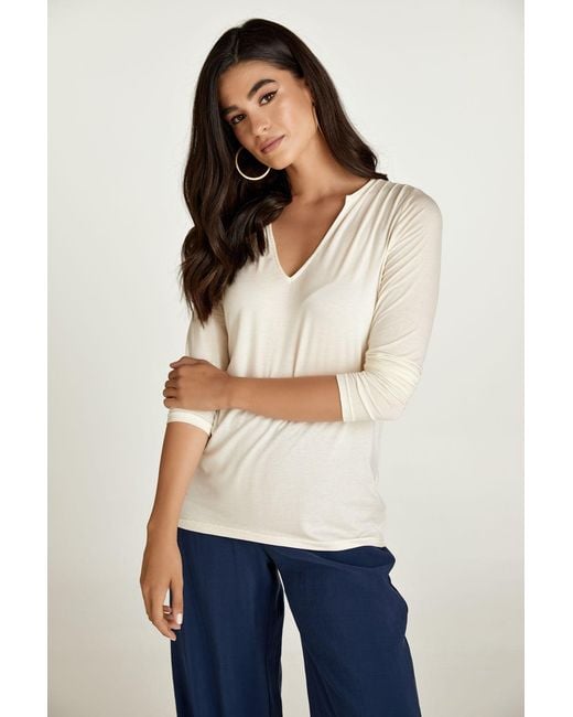 Conquista White Neutrals Cream Jersey V Neck Top