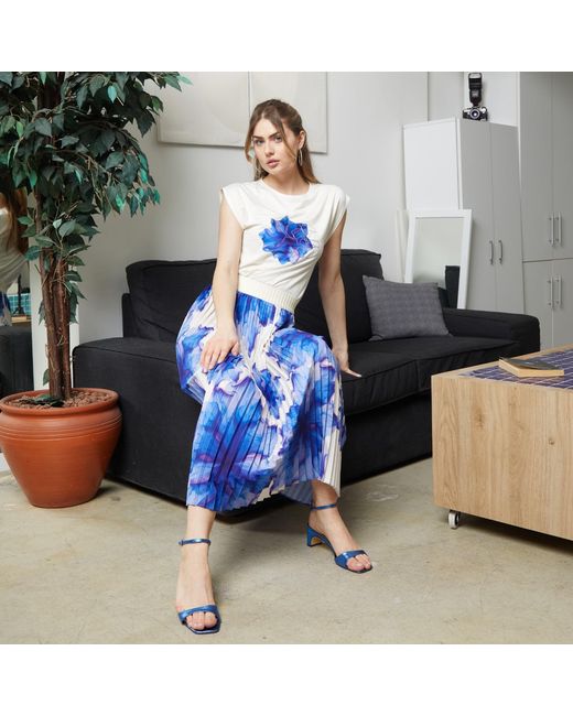 Lalipop Design Blue Floral-Print Elasticated-Waist Pleated Recycled Fabric Maxi Skirt