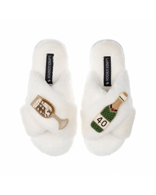 Laines London White Neutrals Classic Laines Slippers With Champagne & Glass 40Th Birthday Brooches