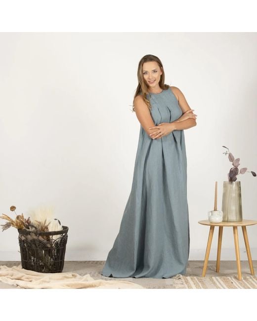 Nikka Place Gray Linen Long Maternity Dress With Pockets