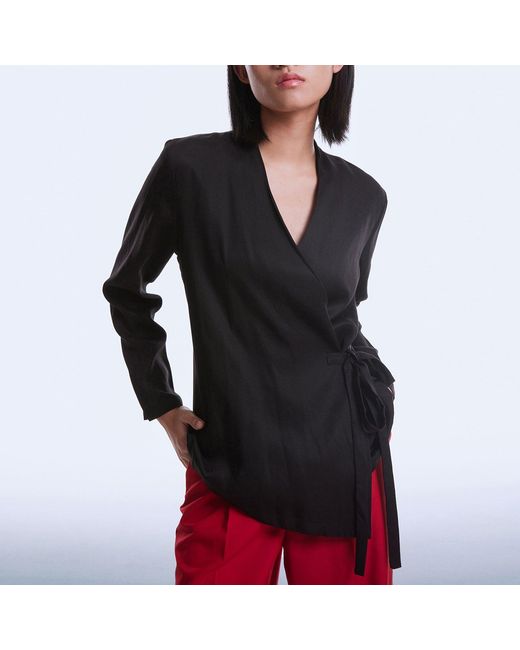 Smart and Joy Black Satin Wrap-Over Blouse