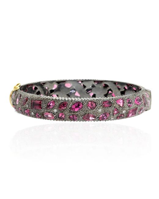 Artisan Purple Diamond With Pink Tourmaline Gemstone In 18k Solid Yellow Gold & Silver Designer Bangle