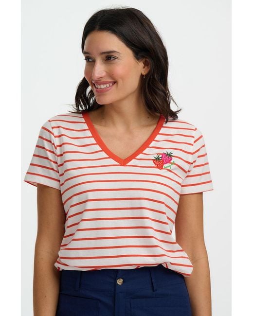 Sugarhill Pink Khloe V-Neck T-Shirt, Off Stripe, Strawberry