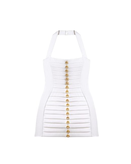 Nocturne White Halterneck Ruched Mini Dress With Button Detail