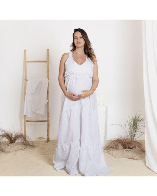 Nikka Place White Linen Maxi Summer Maternity Dress With Tie