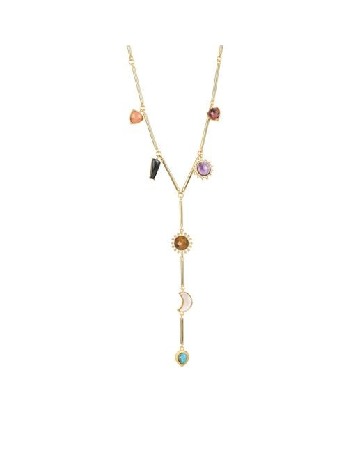 Lila Rasa Metallic Multi Stones Drop Lariat Necklace With 7 Semi-Precious Gemstone