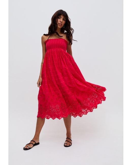 Raffya Mirella Smocked Waist Embroidered Midi Skirt