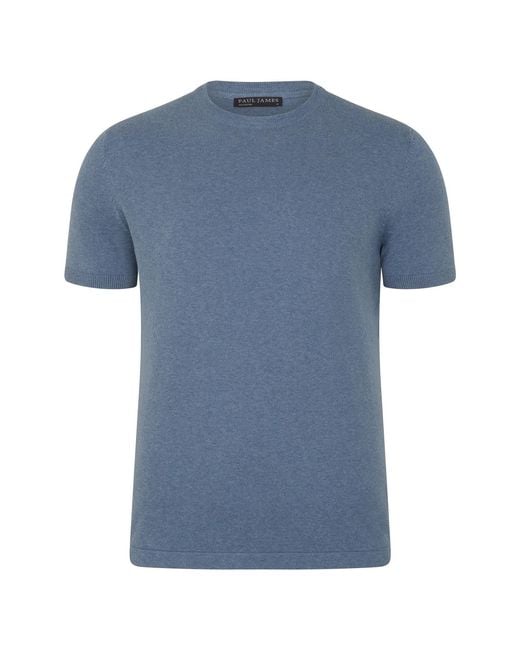 Paul James Knitwear Blue Midweight Julius Cotton Knitted T-Shirt for men