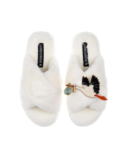Laines London White Neutrals Cream Classic Laines Slippers With Baby Boy Stork Brooch