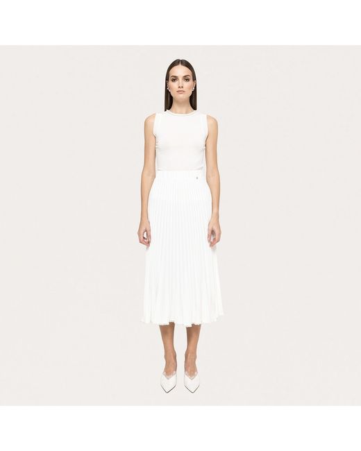 Nissa White Pearl-Trim Pleated Midi Skirt