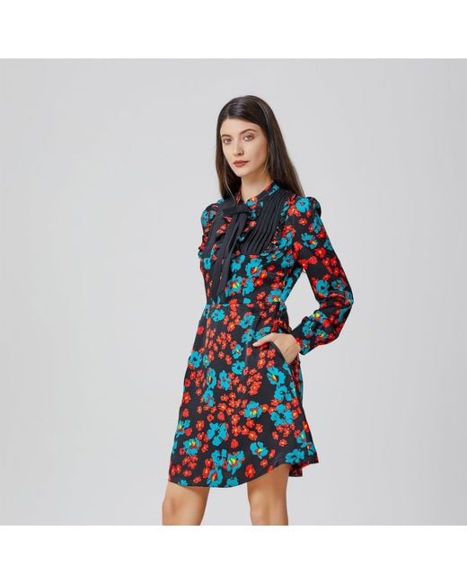 Smart and Joy Red Ascot-Tie Flower Print Mini Dress