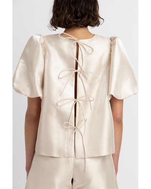 Amy Lynn White Neutrals Aurelia Puffball Satin Tie Top