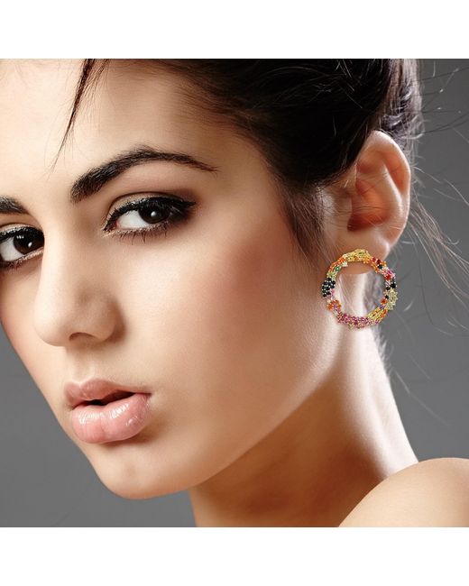 Artisan Brown Yellow Gold Multi Sapphire Stud Earrings Designer Handmade Jewelry