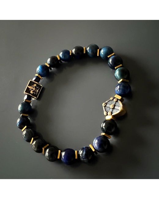 Ebru Jewelry Blue Tiger Eye Stone Shield Charm Beaded Bracelet for men
