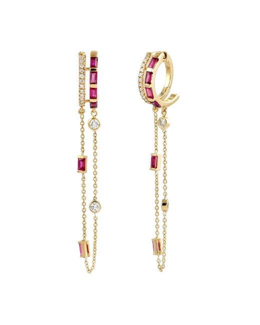 Artisan Metallic Baguette Ruby & Diamond Double Mixed Fringe Chain huggies Hoops Earring In 18k Gold