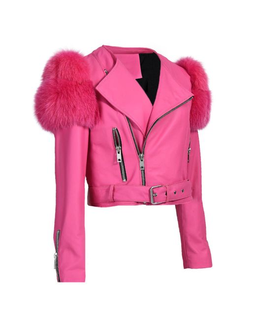 Hortons England Pink Cropped Faux Fur Shoulder Jacket