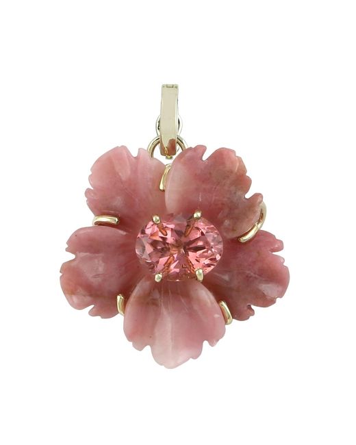 Artisan Red 14K Carved Onyx & Tourmaline Flower Pendant