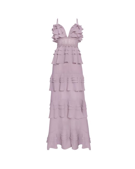 True Decadence Purple Dusty Lilac Plunge Front Tiered Ruffle Maxi Dress