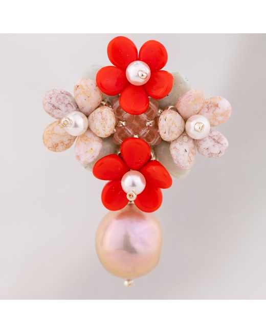 Oana Savu Red Pearls Earrings Sterling Studs Glass Beads Hand Beaded