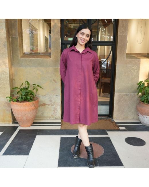 House of Gl Red Garnet Cotton Flex Shirt Dress With Back Button Detail And Pockets