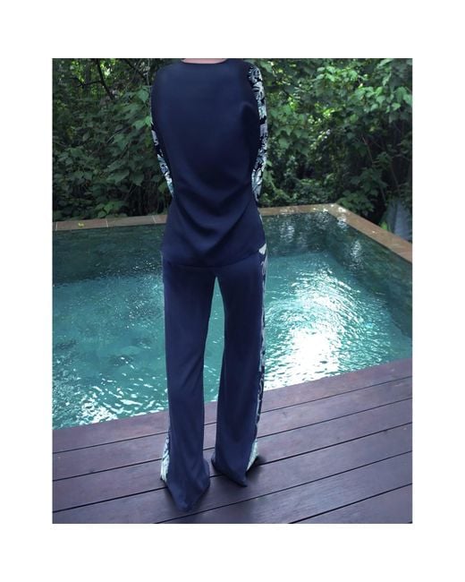 CASSANDRA HONE Blue Crepe Trouser With Silk Printed Sides