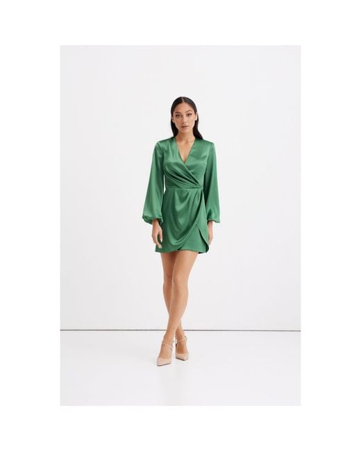 Nomi Fame Green Paris Satin Long Sleeve Draped Mini Dress