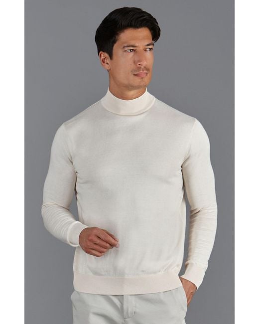Paul James Knitwear White Neutrals Ultra Fine Cotton Mock Turtle Neck Spencer Jumper for men