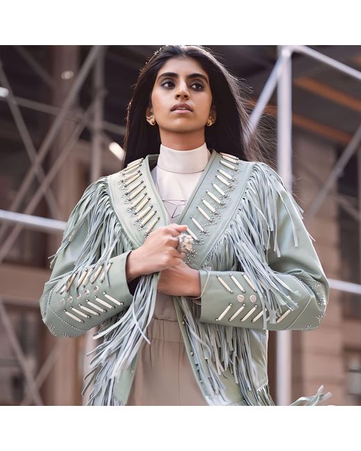 Zasta Studio Green The Leader- Beads & Fringes Leather Jacket