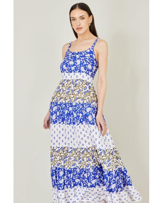 Yumi' Blue And Rayon Patchwork Print Tiered Maxi Dress