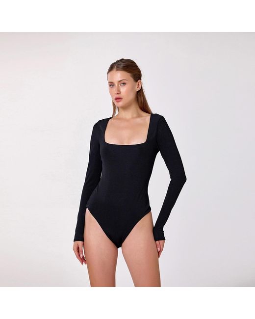 Smart and Joy Black Square Necklinbe Bodysuit