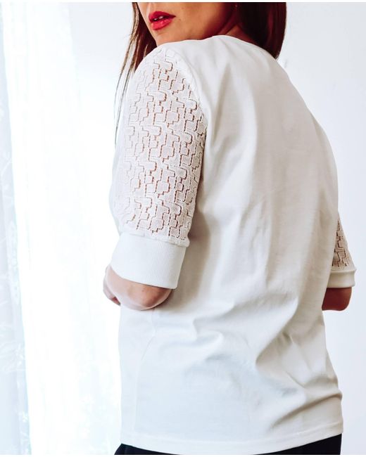 Sophie Cameron Davies White Ivory Lace Sleeve Cotton T-Shirt