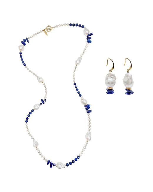 Farra Blue Baroque Pearls Wth Lapis And Kyanite Long Necklace And Earrings Set