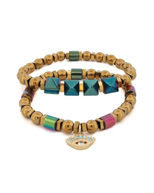 Ebru Jewelry Metallic Evil Eye Charm Fashion Style Hematite Beaded Bracelet Set