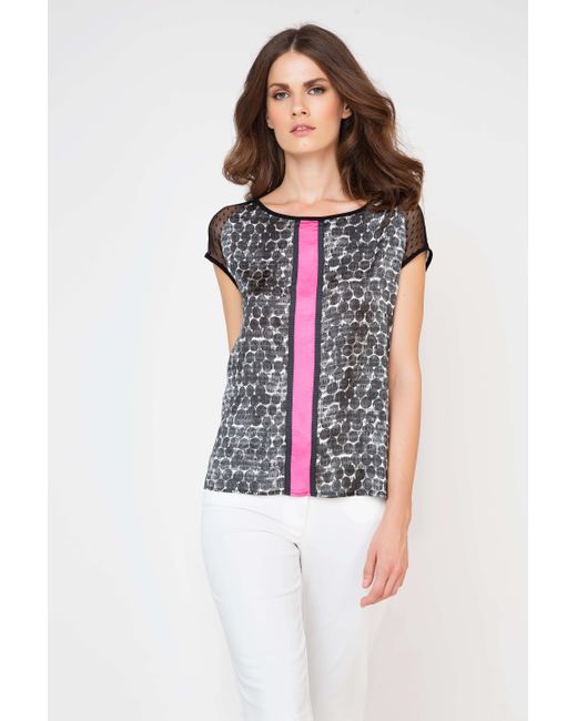 Conquista Gray Chic Printed Viscose Front Jersey Top With Contrasting Back & Mesh Shoulders