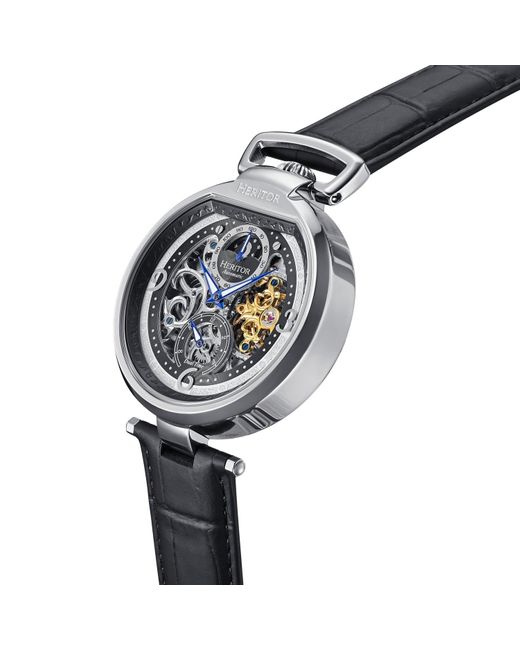 Heritor Metallic Lincoln Leather-Band Skeleton Watch With Dual Time And Moon Phase for men