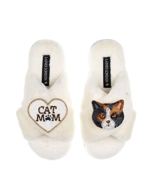 Laines London Metallic Neutrals Classic Slippers With Cat Mum/Mom & Calico British Shorthair Cat Brooches